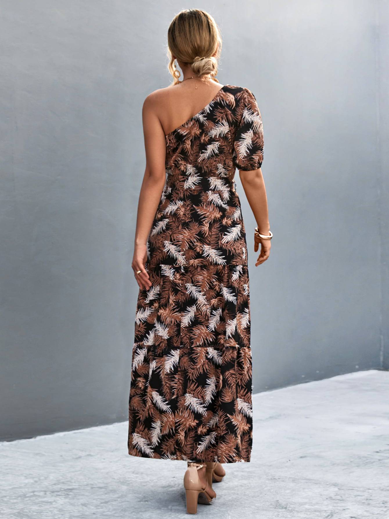 Printed Tie Waist One Shoulder Maxi Dress - Siennasass