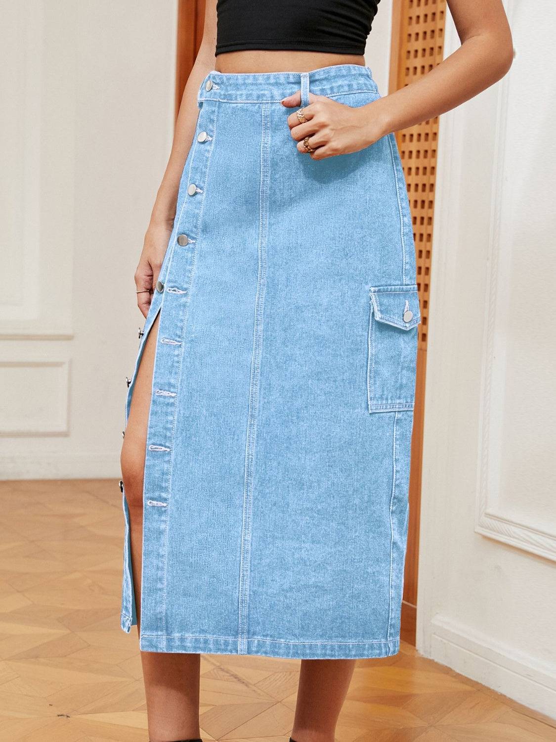 Button Down Midi Denim Skirt - Siennasass