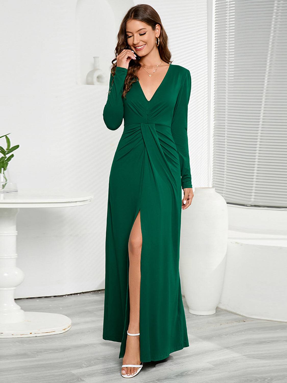 V-Neck Long Sleeve Split Dress - Siennasass