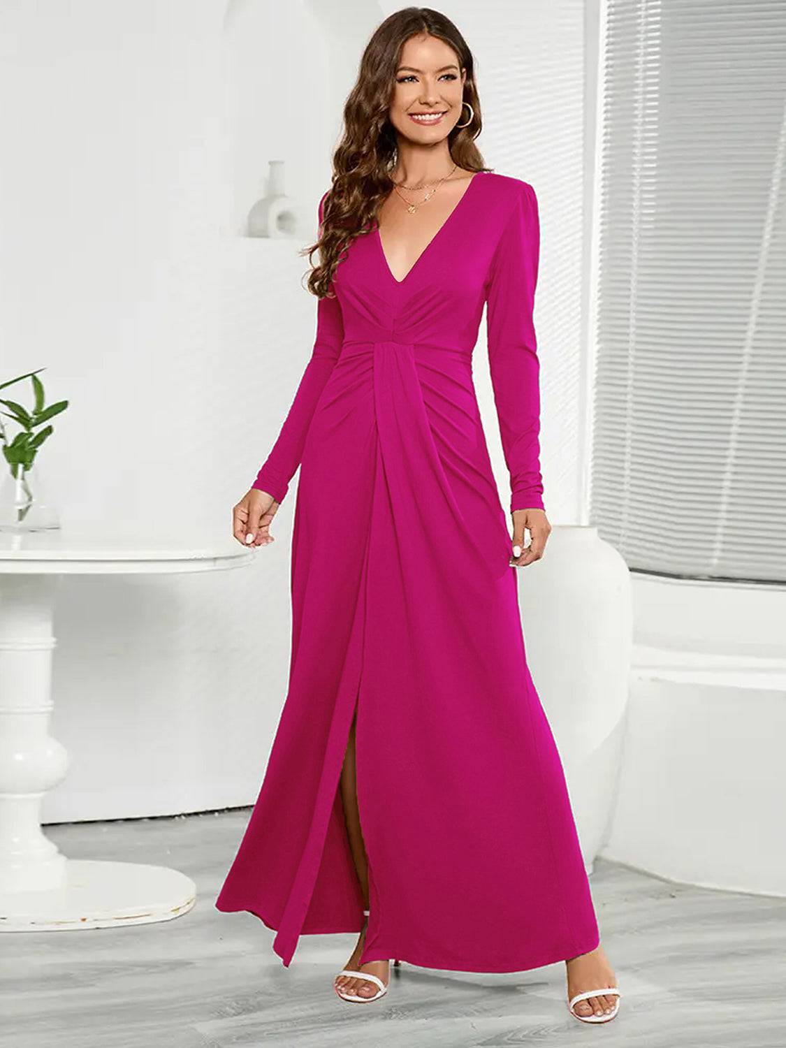 V-Neck Long Sleeve Split Dress - Siennasass