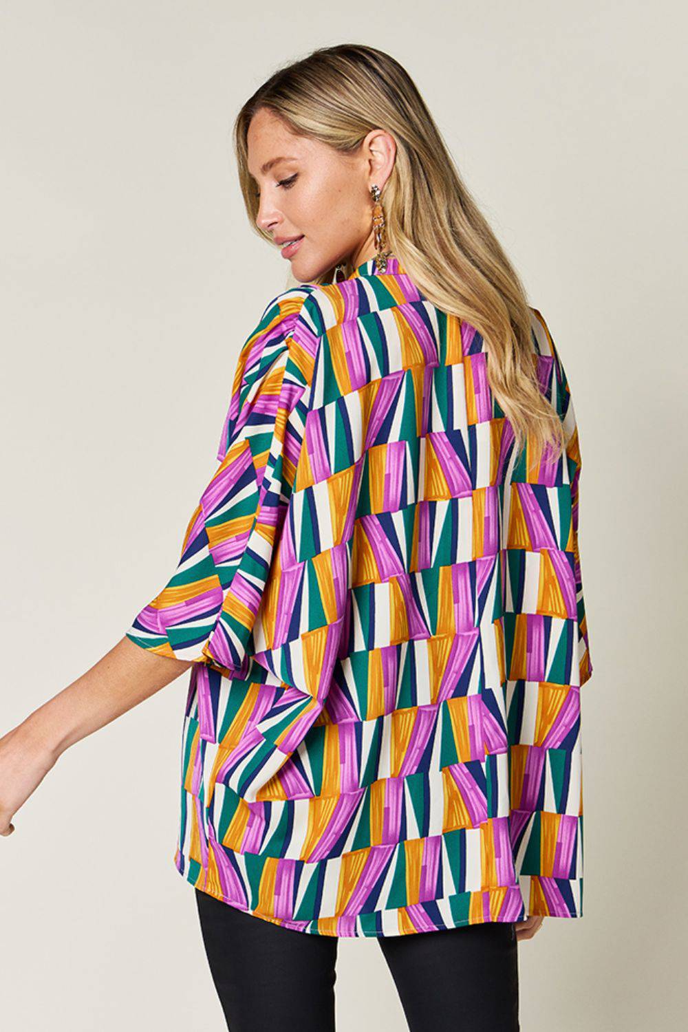Double Take Full Size Geometric Notched Raglan Sleeve Blouse - Siennasass