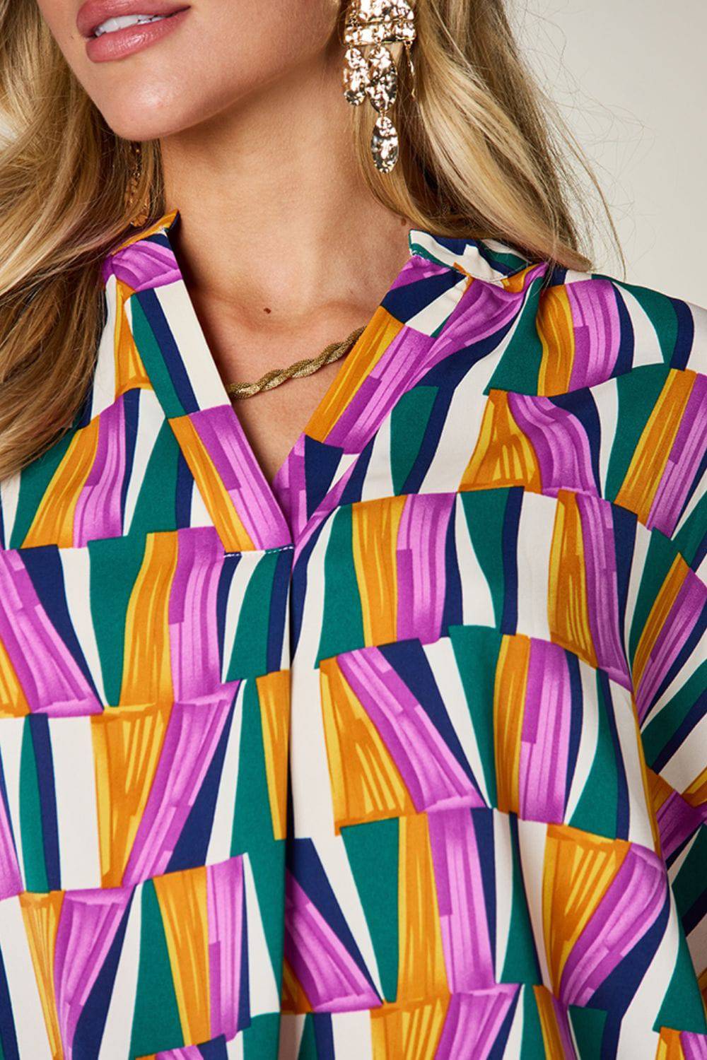 Double Take Full Size Geometric Notched Raglan Sleeve Blouse - Siennasass