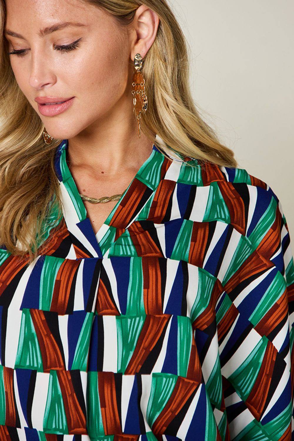 Double Take Full Size Geometric Notched Raglan Sleeve Blouse - Siennasass