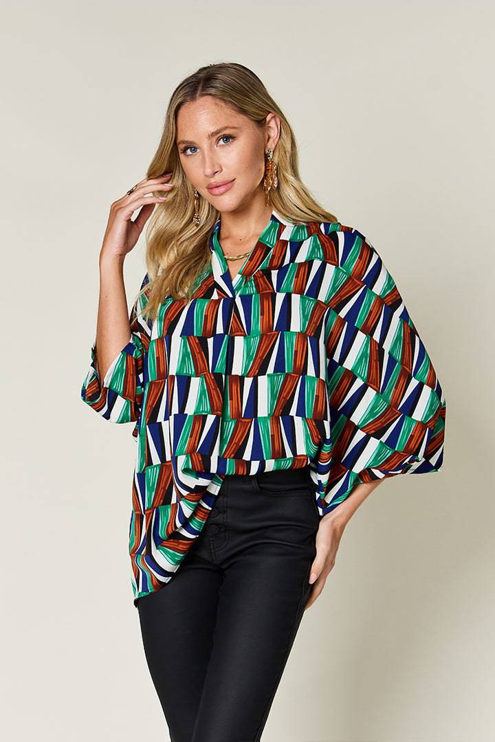 Double Take Full Size Geometric Notched Raglan Sleeve Blouse - Siennasass