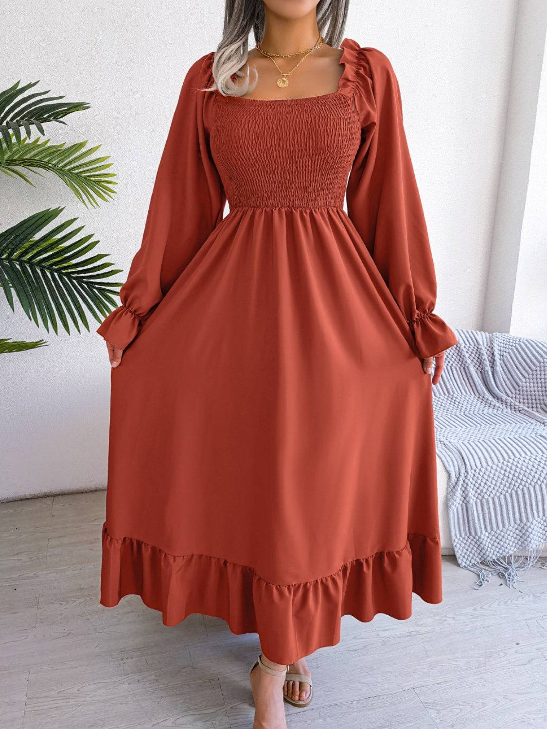 Smocked Square Neck Flounce Sleeve Dress - Siennasass