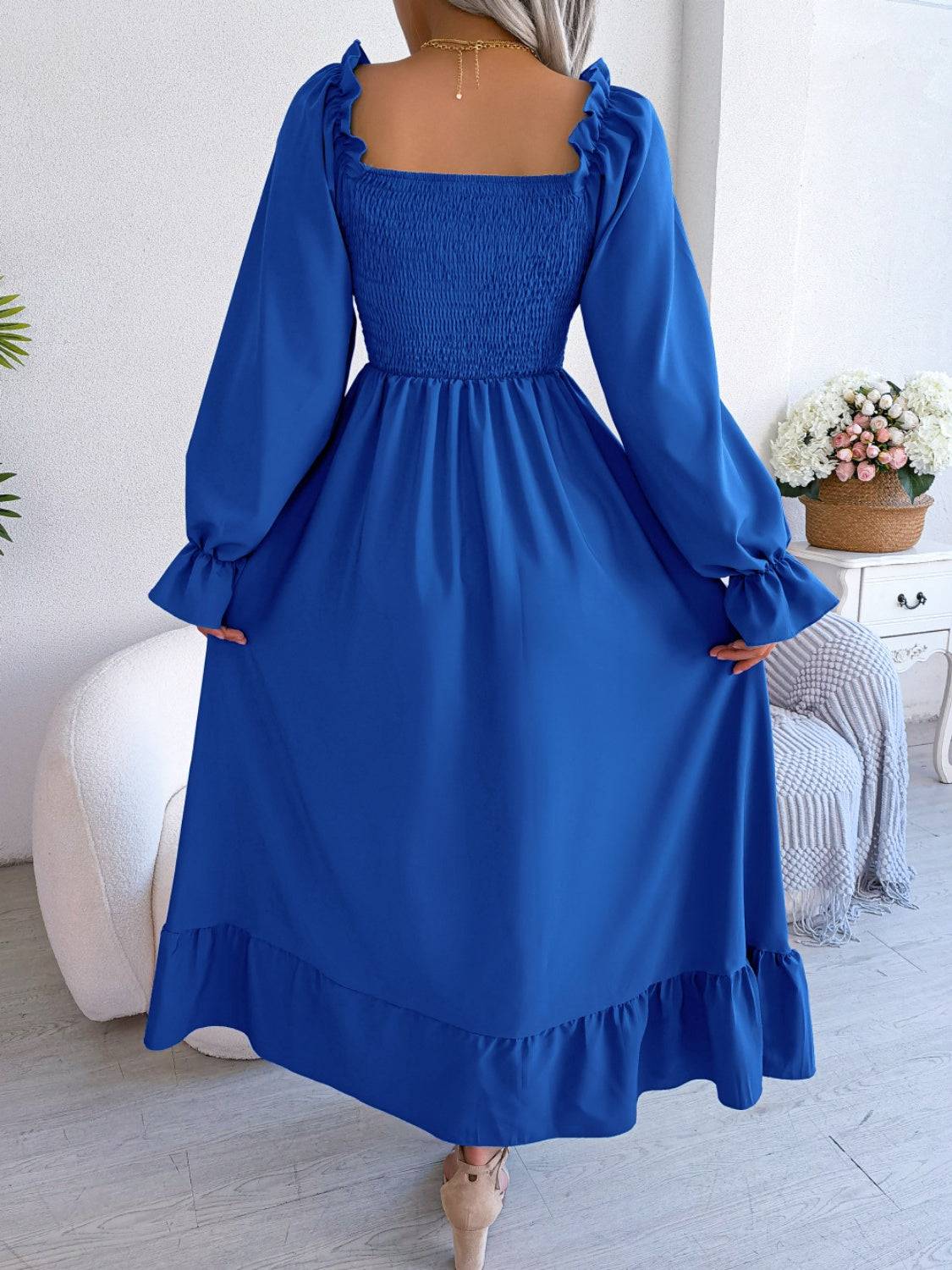 Smocked Square Neck Flounce Sleeve Dress - Siennasass