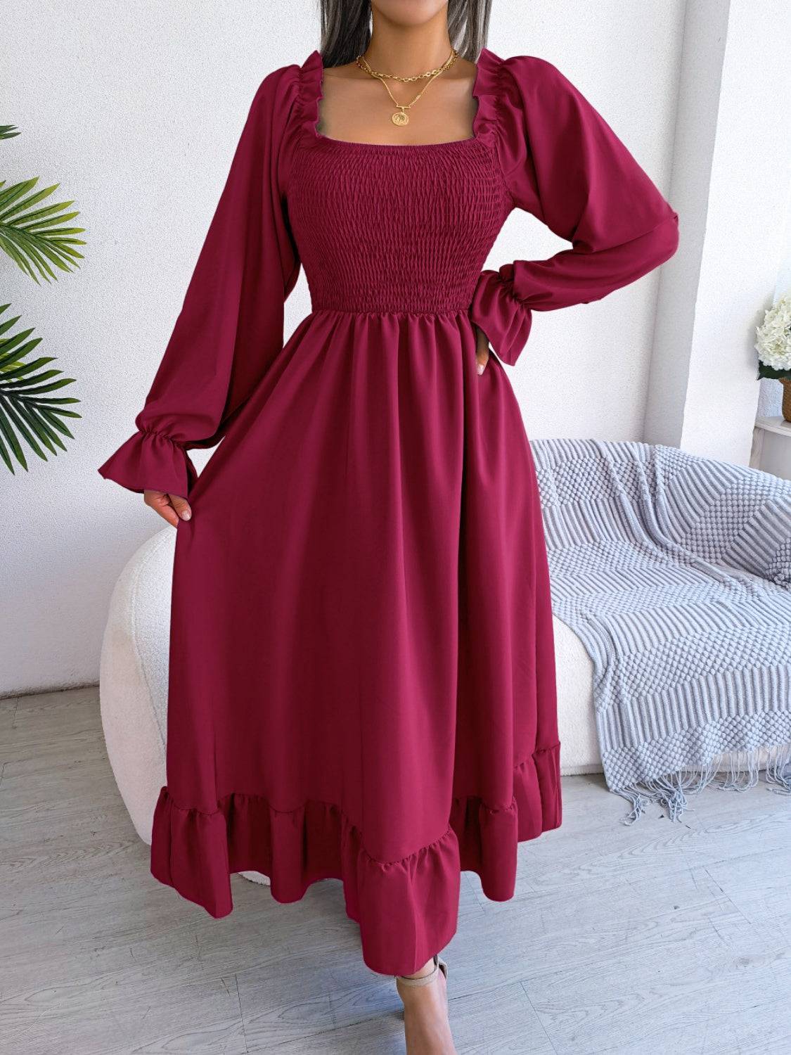 Smocked Square Neck Flounce Sleeve Dress - Siennasass