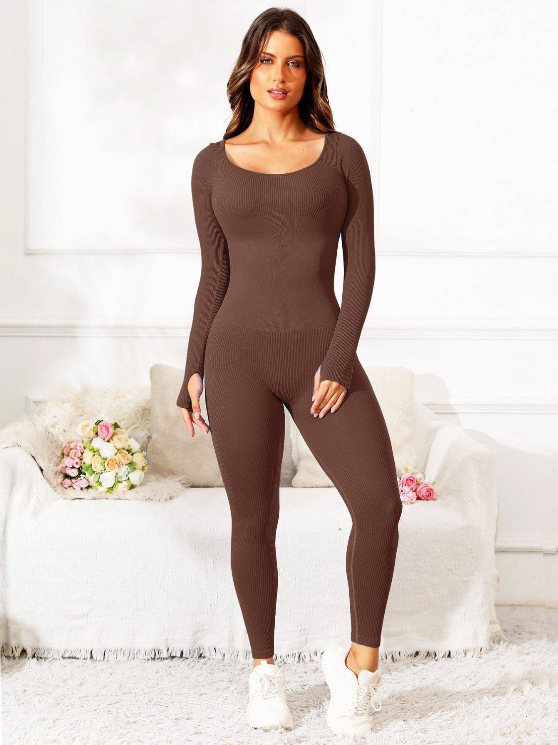 Scoop Neck Long Sleeve Active Jumpsuit - Siennasass