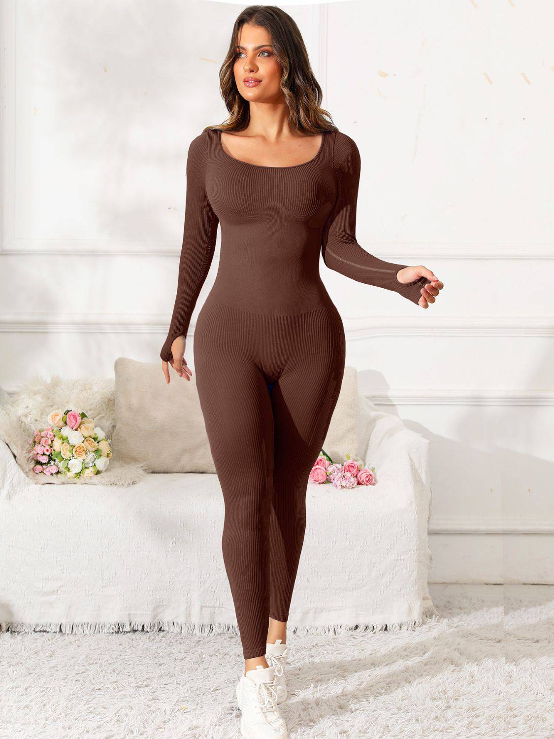 Scoop Neck Long Sleeve Active Jumpsuit - Siennasass