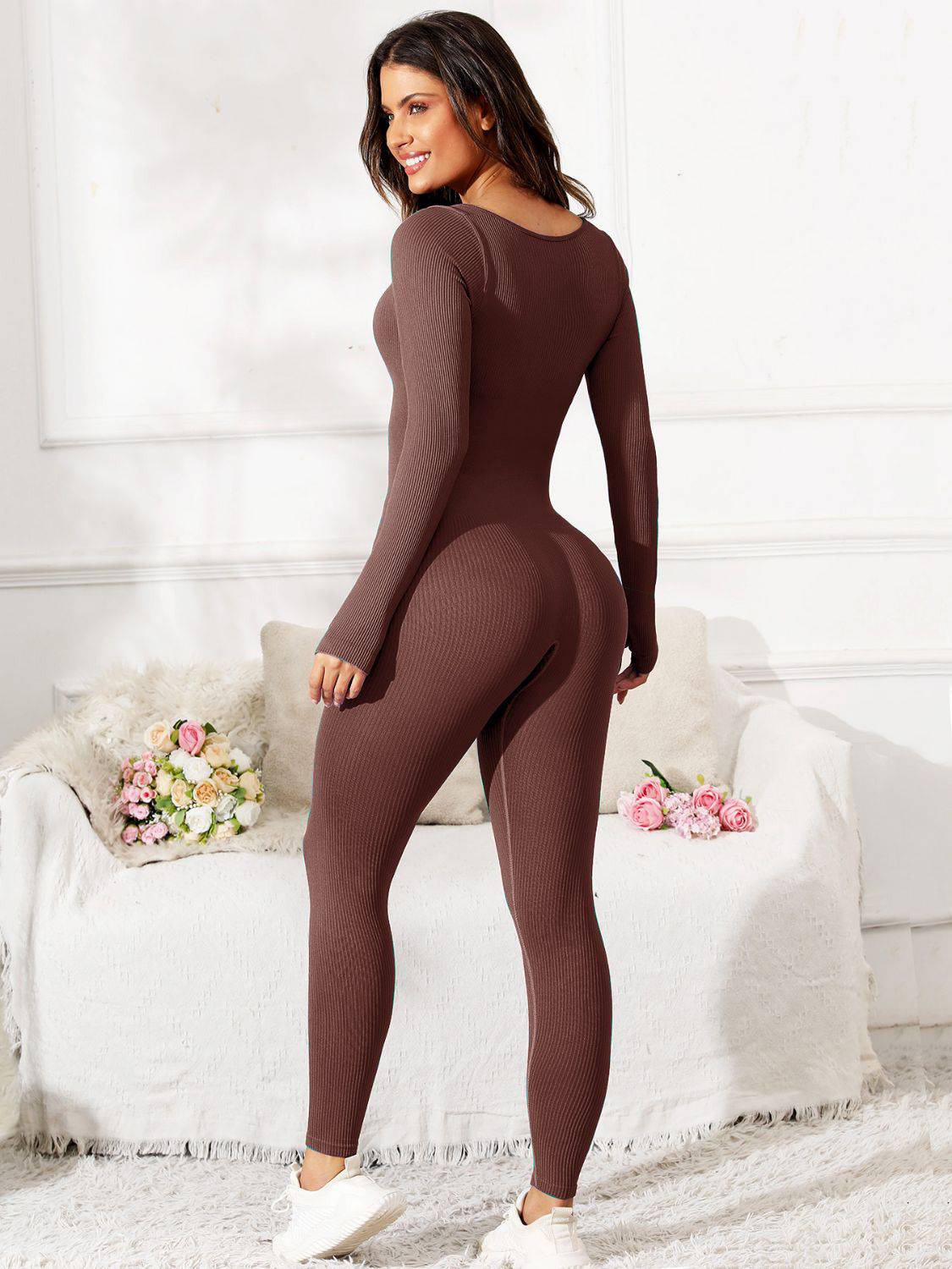 Scoop Neck Long Sleeve Active Jumpsuit - Siennasass