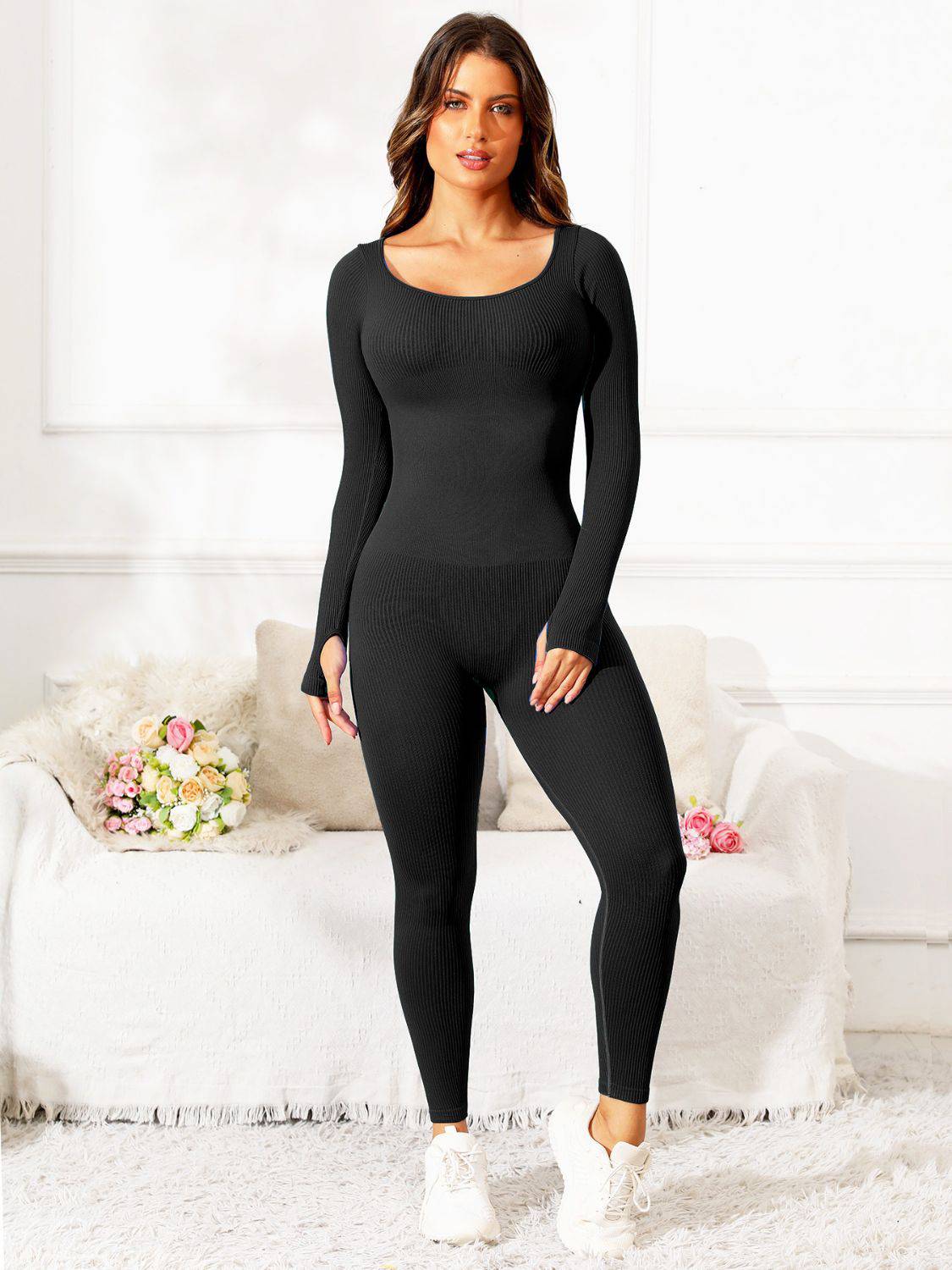Scoop Neck Long Sleeve Active Jumpsuit - Siennasass