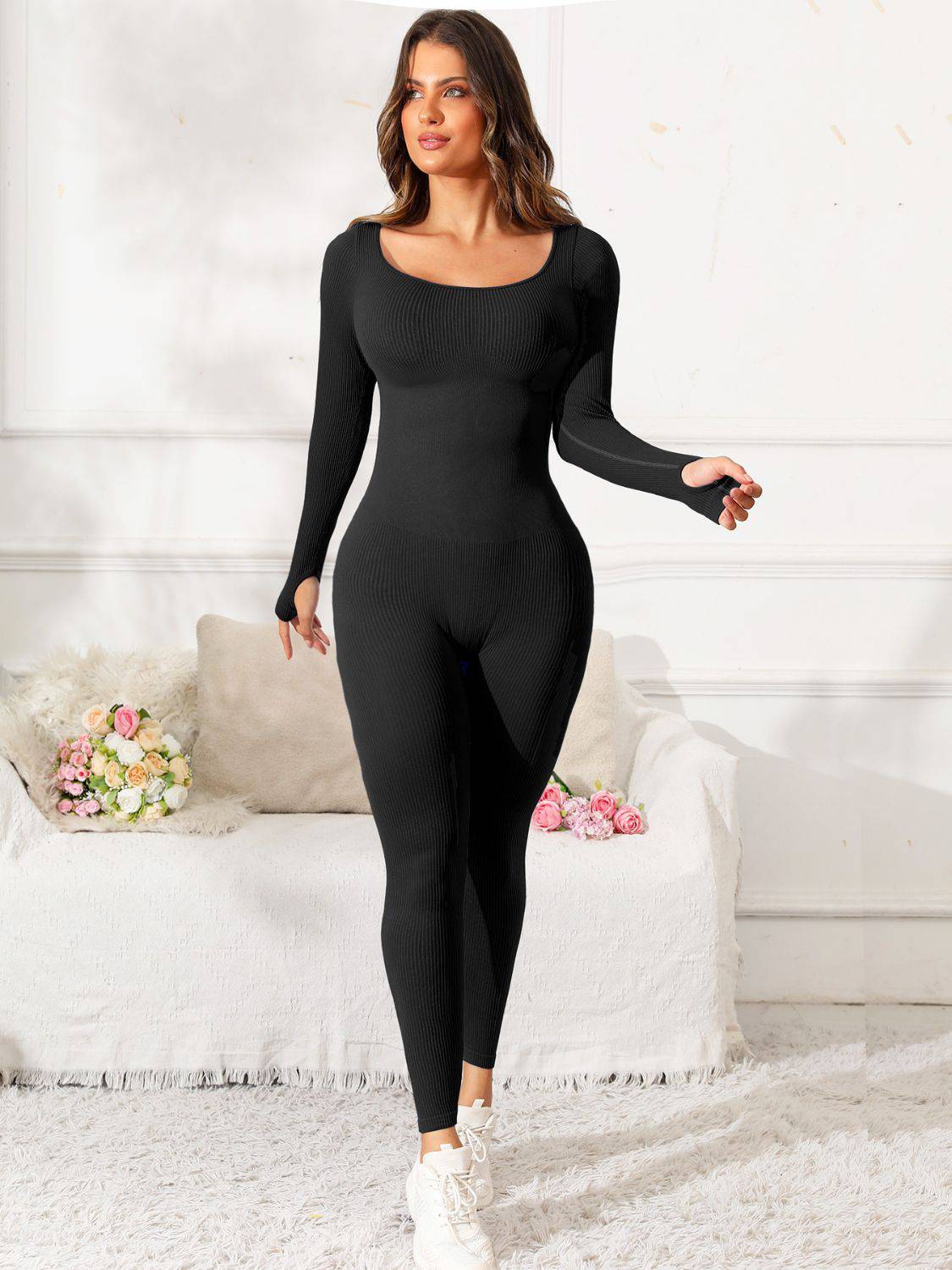 Scoop Neck Long Sleeve Active Jumpsuit - Siennasass