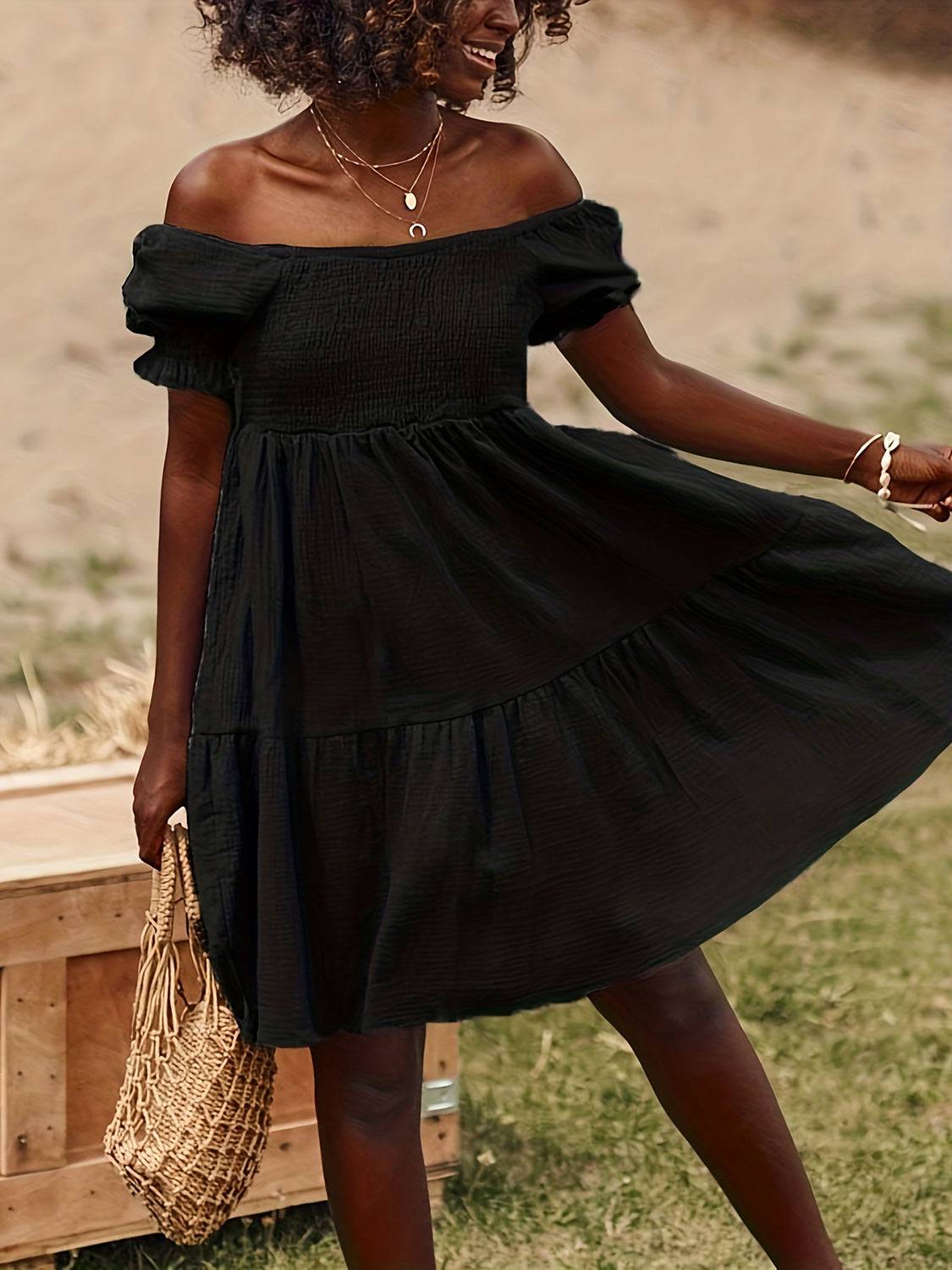 Full Size Ruffled Off-Shoulder Short Sleeve Dress - Siennasass
