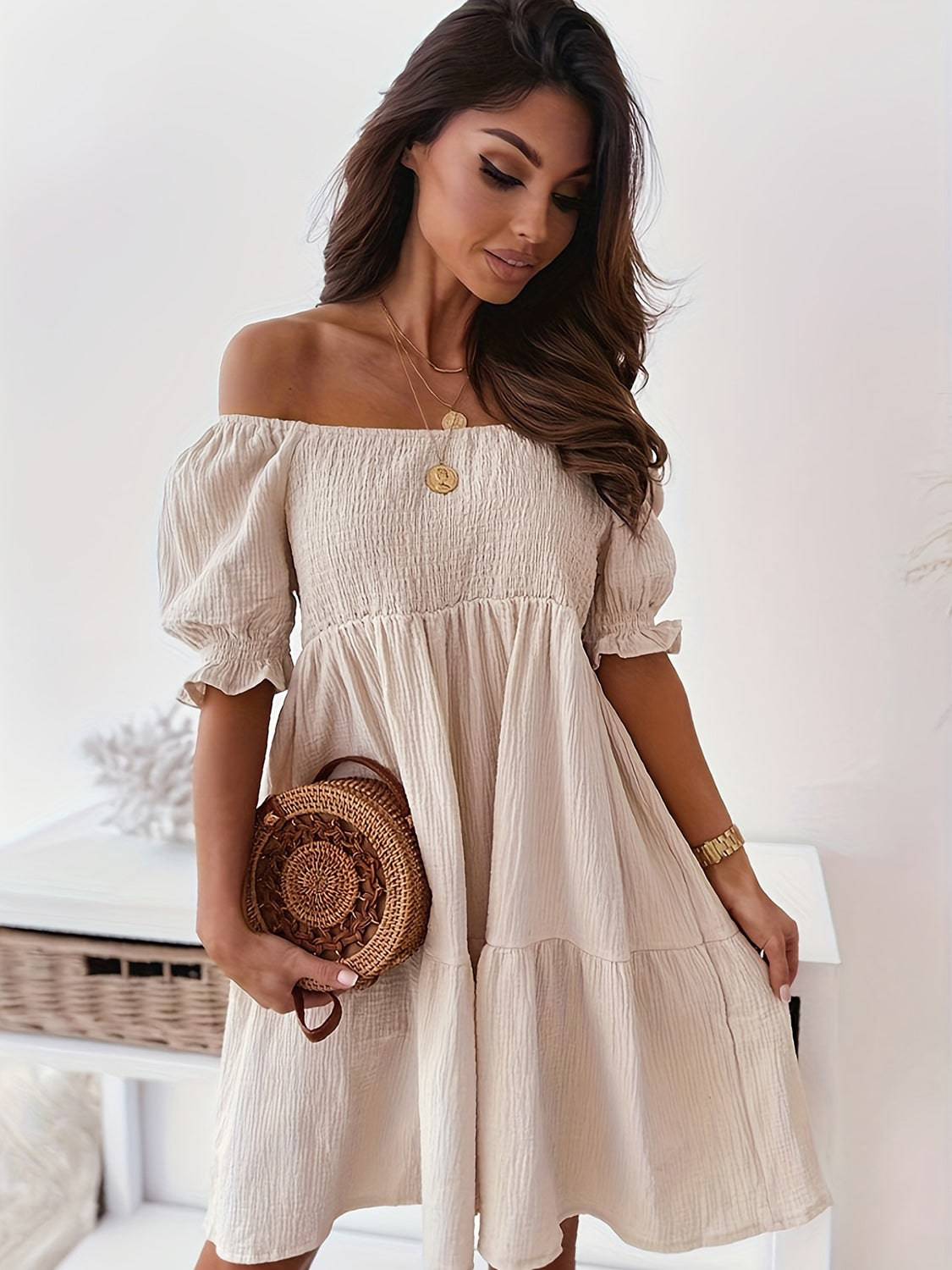 Full Size Ruffled Off-Shoulder Short Sleeve Dress - Siennasass