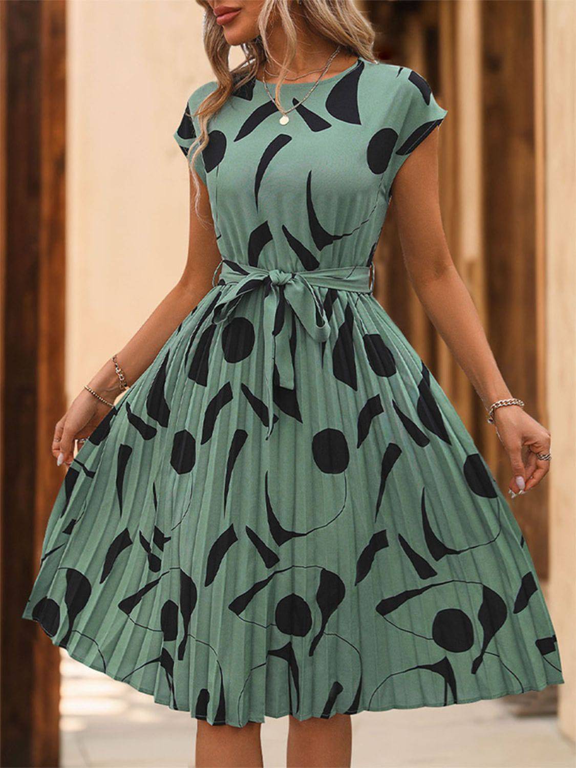 Tied Pleated Printed Cap Sleeve Dress - Siennasass