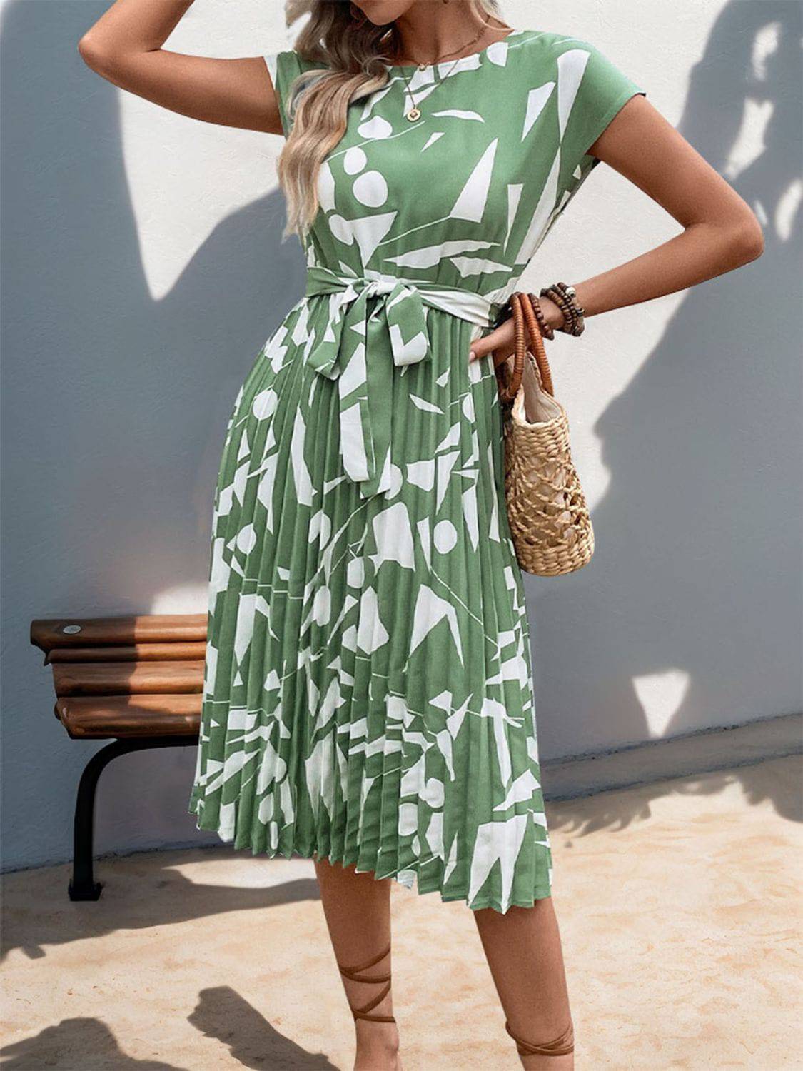 Tied Pleated Printed Cap Sleeve Dress - Siennasass