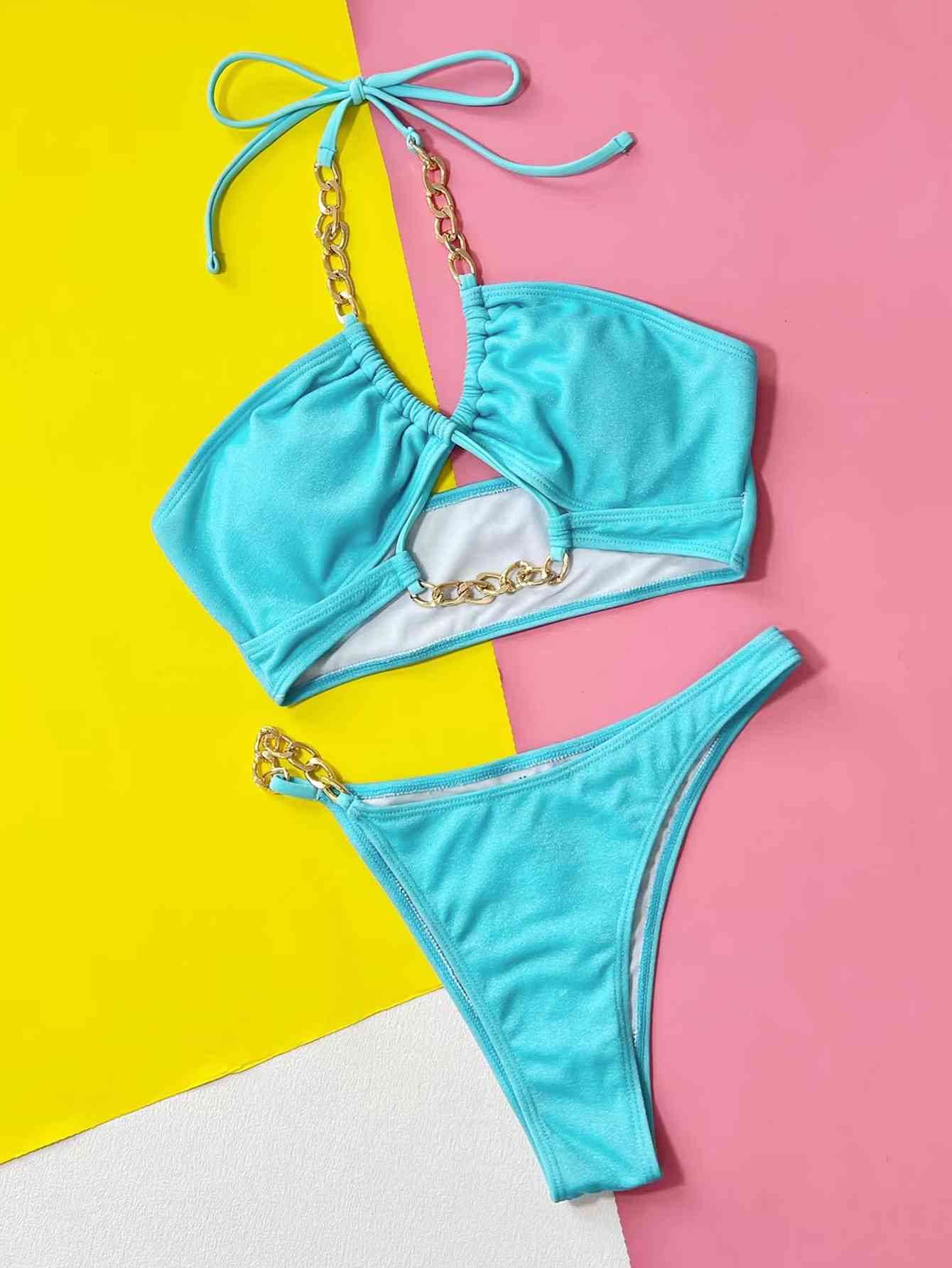 Halter Neck Chain Detail Two-Piece Bikini Set - Siennasass