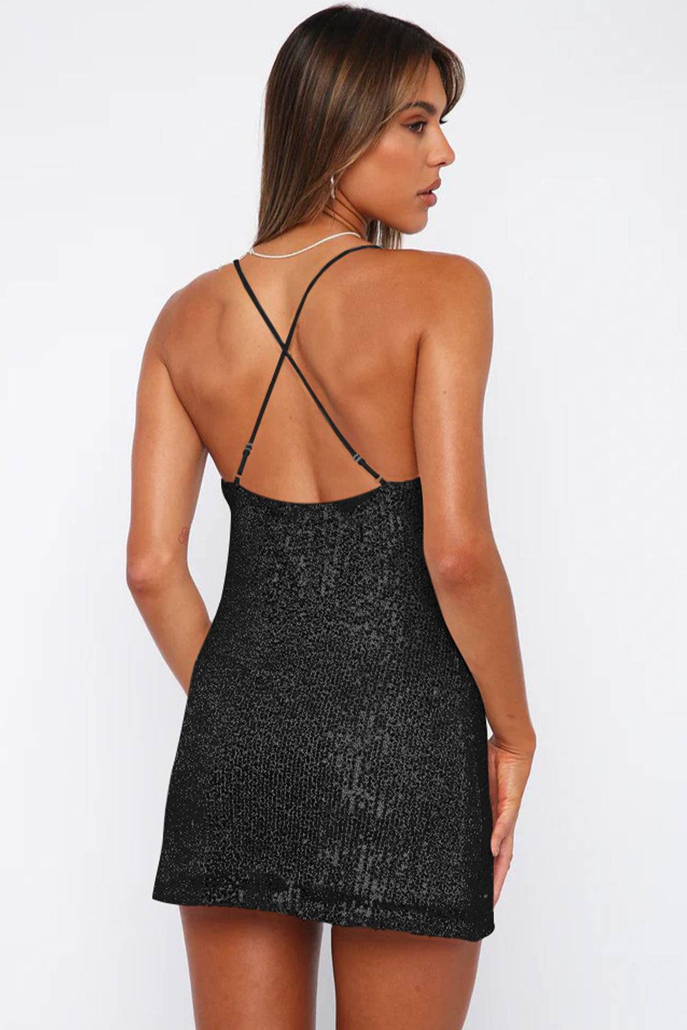 Ärmelloses Minikleid mit Wasserfallausschnitt und kontrastierenden Pailletten