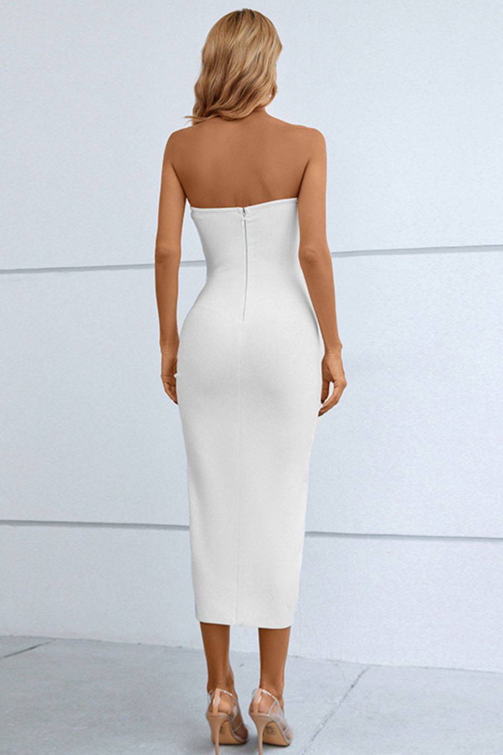 Cutout Strapless Drawstring Detail Split Bandage Dress - Siennasass