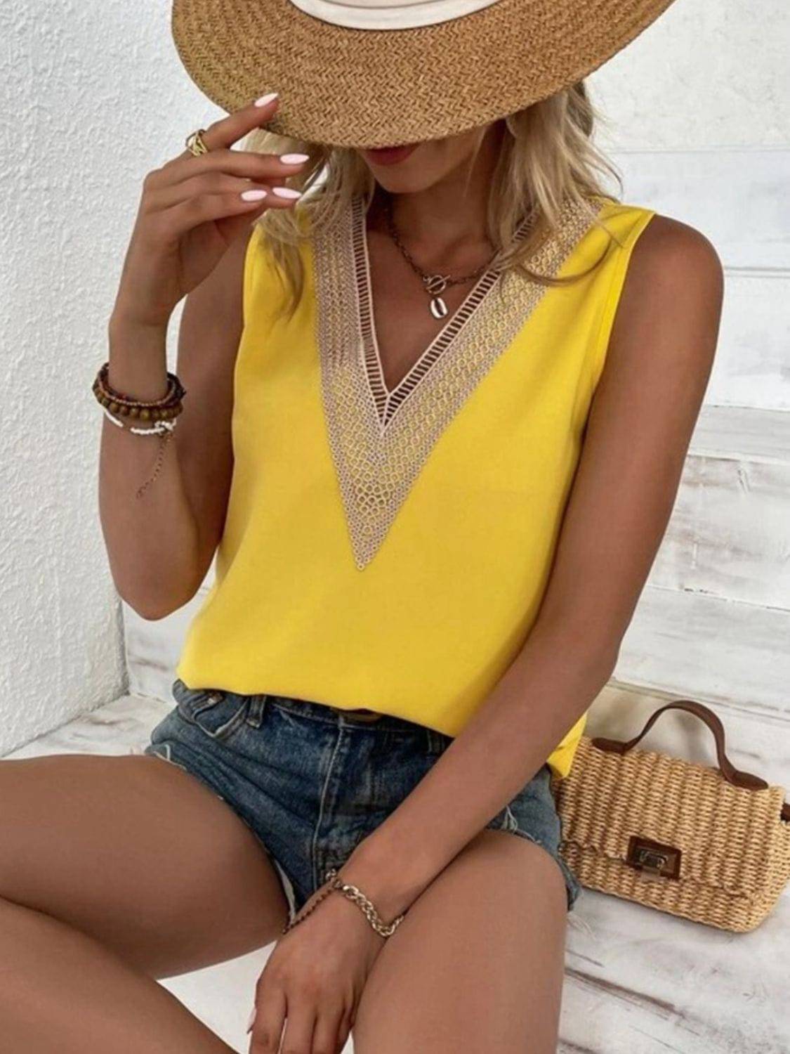 Full Size Lace Detail V-Neck Tank - Siennasass