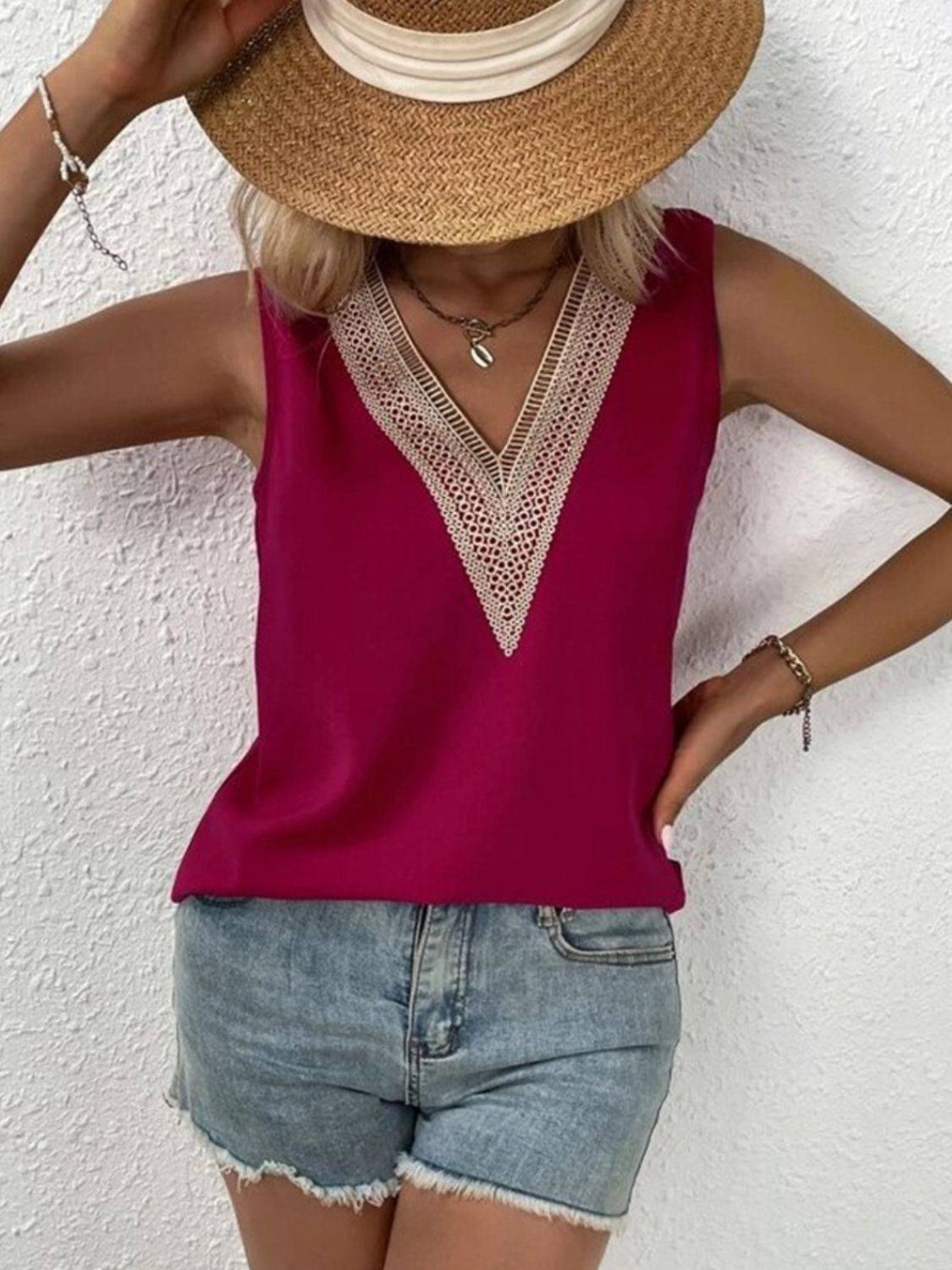 Full Size Lace Detail V-Neck Tank - Siennasass