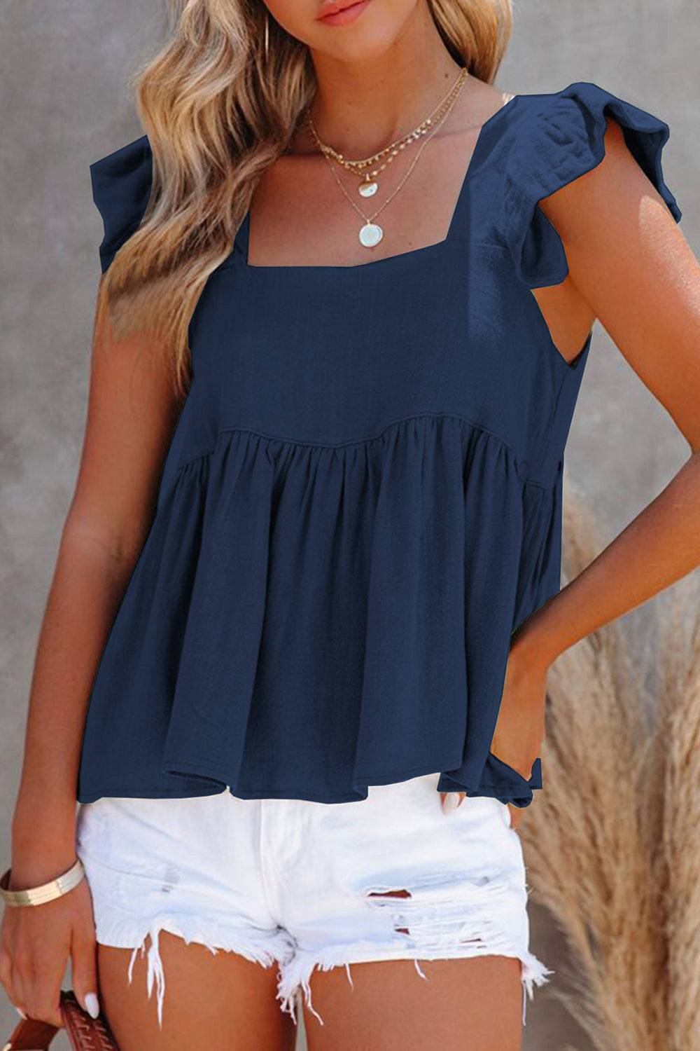 Full Size Ruffled Square Neck Cap Sleeve Blouse - Siennasass