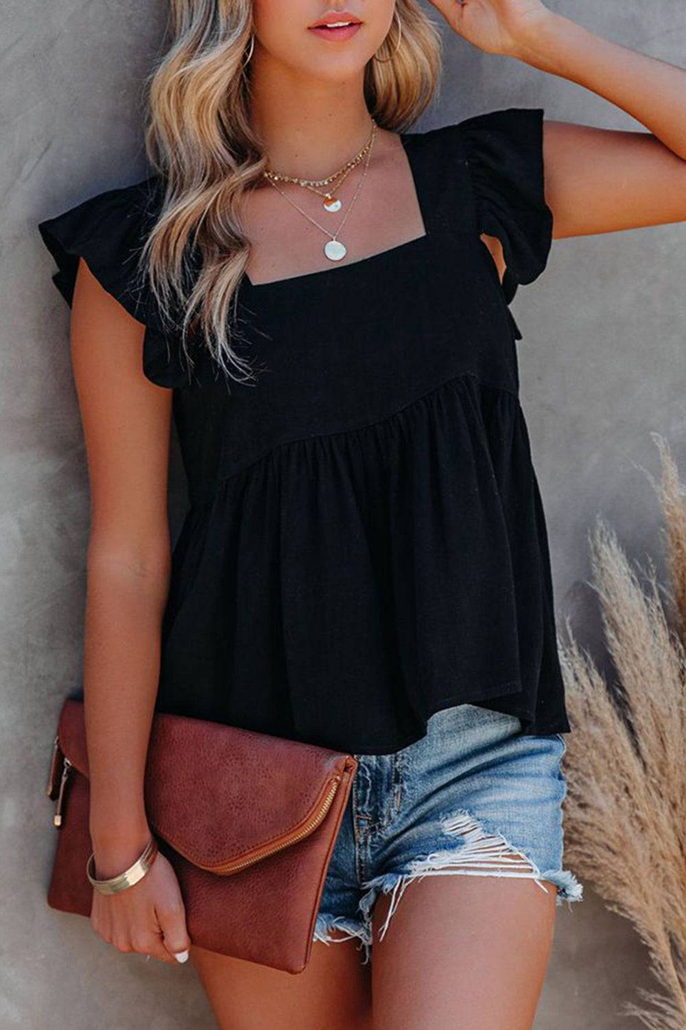 Full Size Ruffled Square Neck Cap Sleeve Blouse - Siennasass