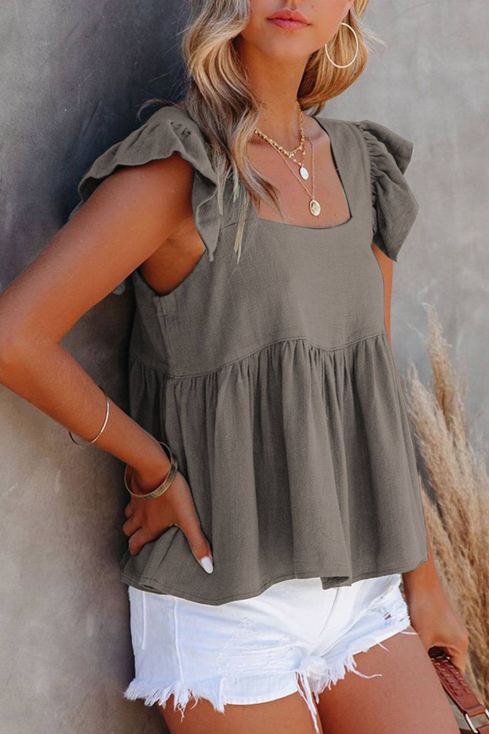 Full Size Ruffled Square Neck Cap Sleeve Blouse - Siennasass