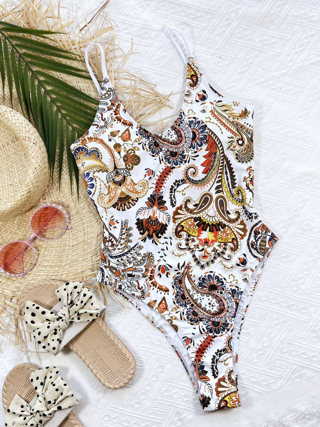 Printed Tie Back Scoop Neck One-Piece Swimsuit - Siennasass