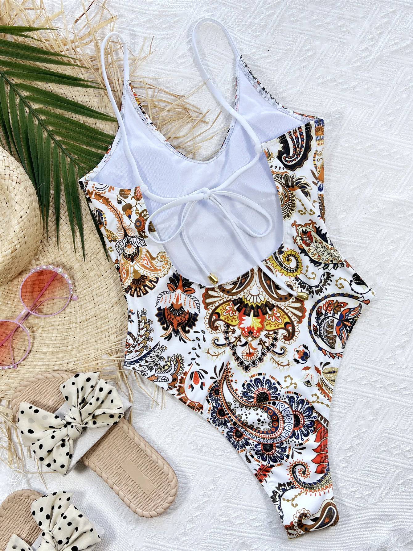 Printed Tie Back Scoop Neck One-Piece Swimsuit - Siennasass
