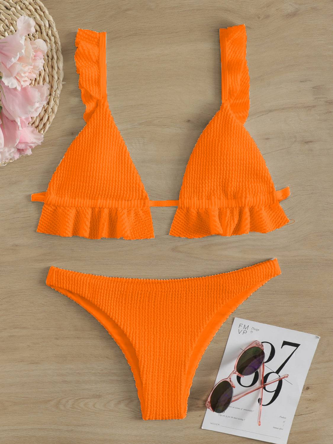 Ruffled Textured Wide Strap Two-Piece Bikini Set - Siennasass