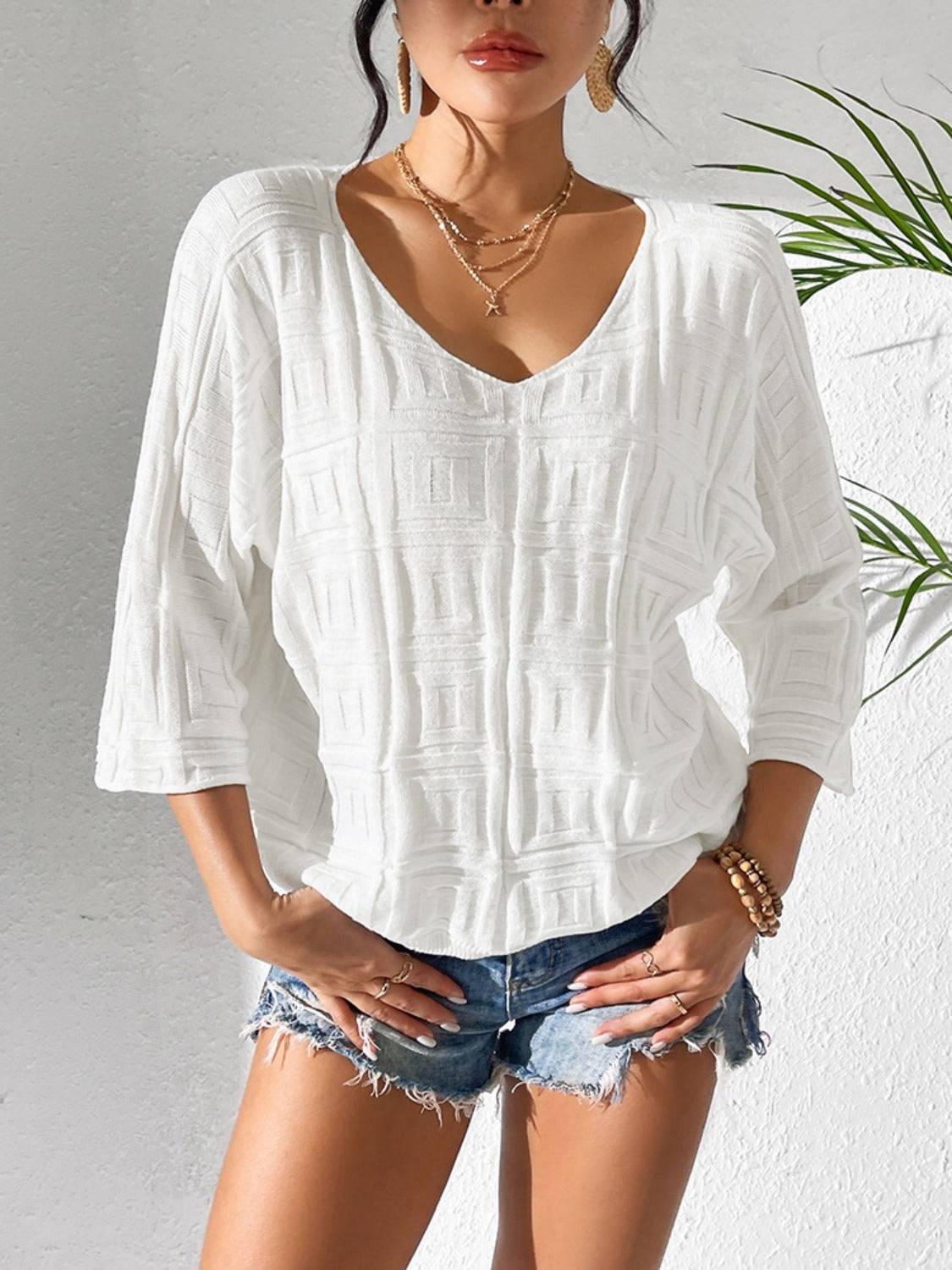 Strickoberteil mit V-Ausschnitt und Dreiviertelärmeln