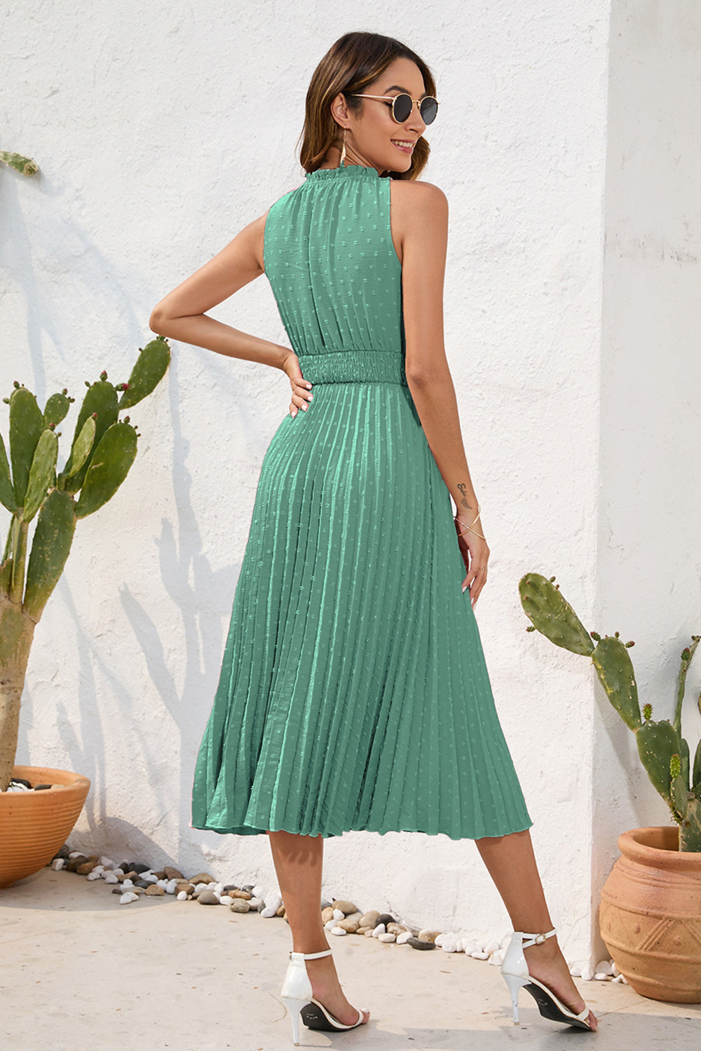Swiss Dot Tie Neck Sleeveless Dress - Siennasass