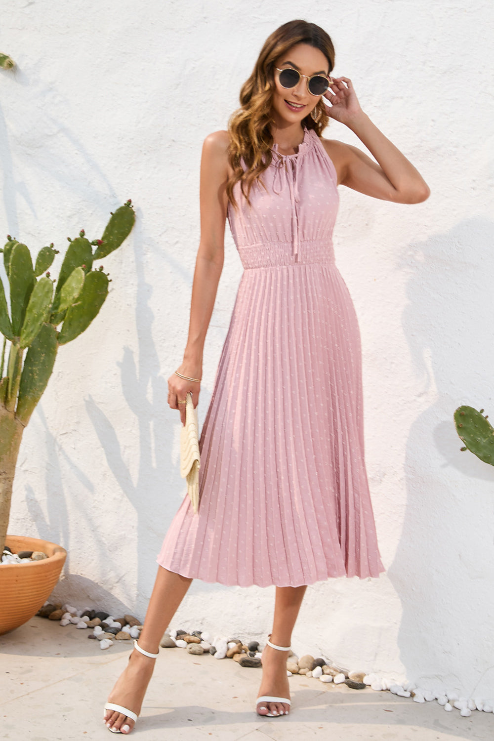 Swiss Dot Tie Neck Sleeveless Dress - Siennasass