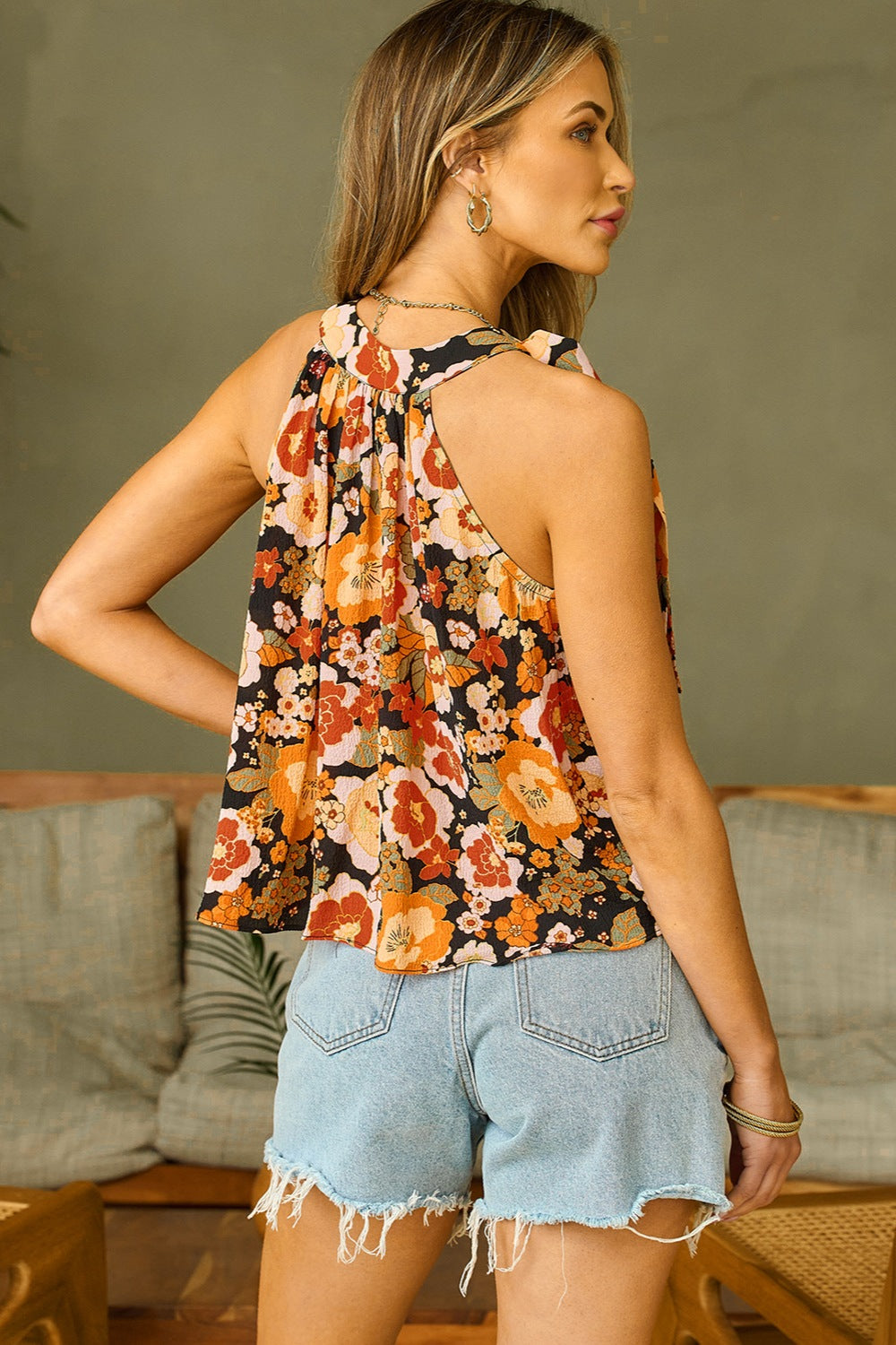 Tied Printed Grecian Neck Tank - Siennasass