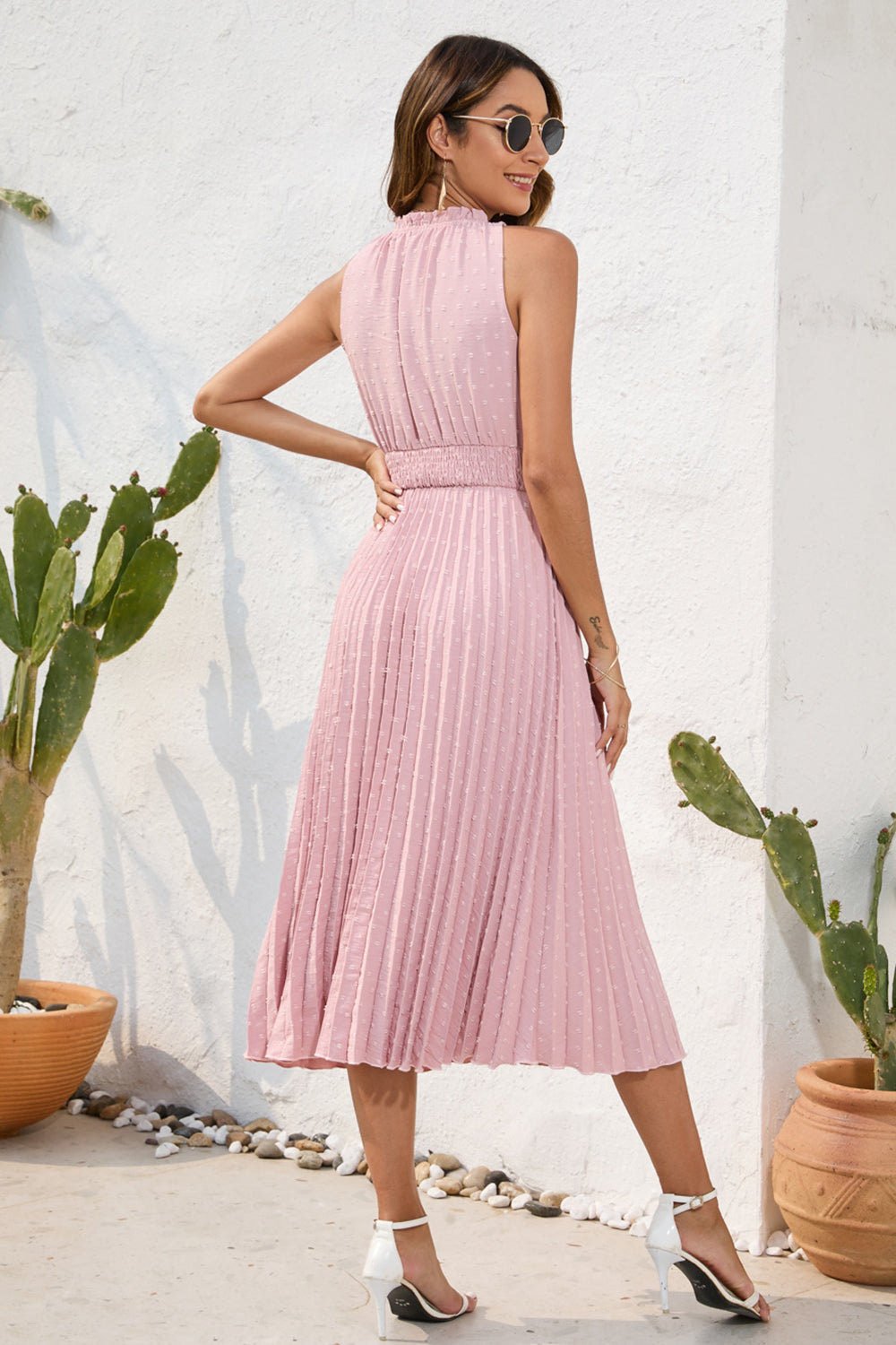 Swiss Dot Tie Neck Sleeveless Dress - Siennasass