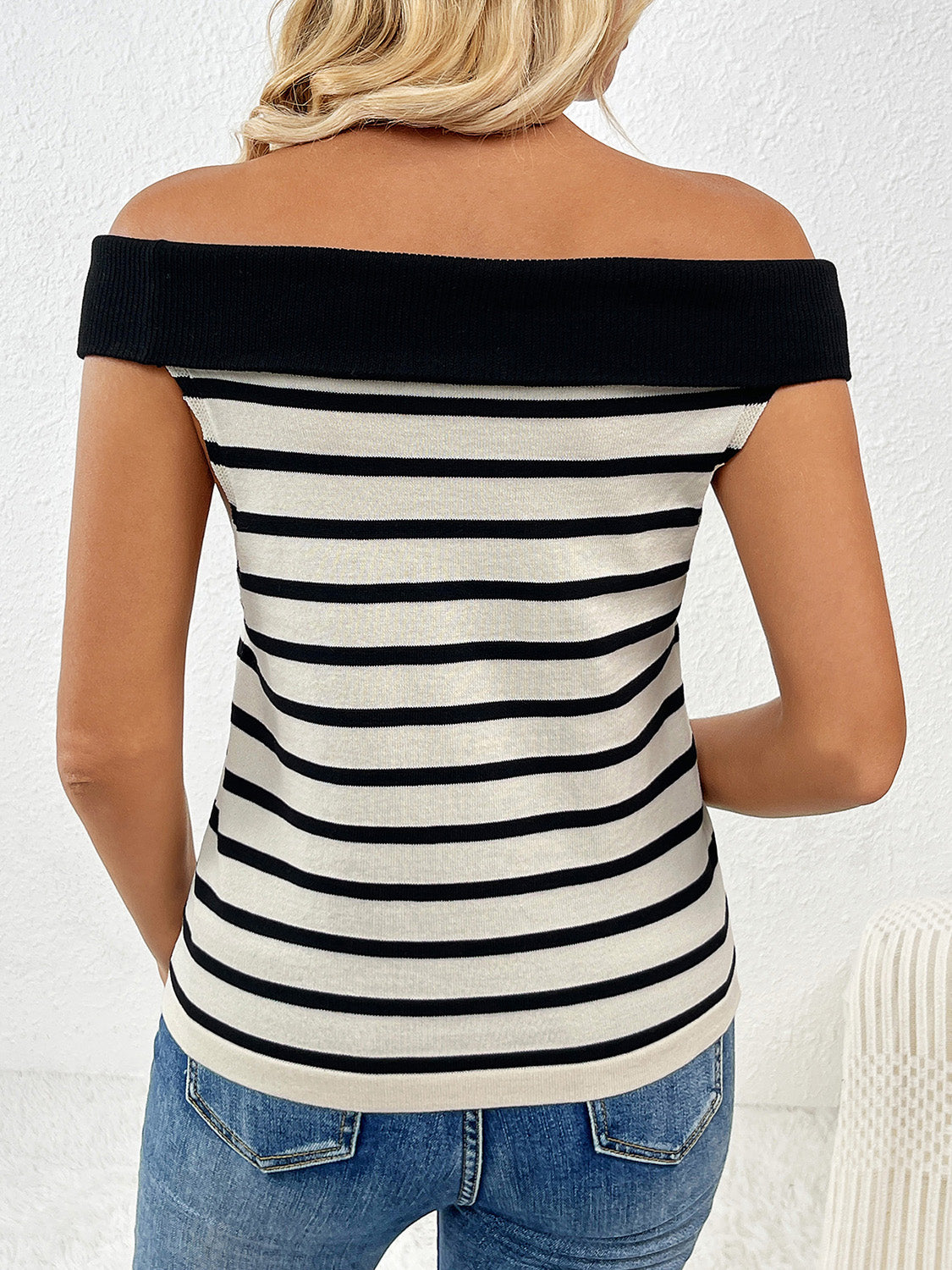 Decorative Button Striped Off-Shoulder Knit Top - Siennasass