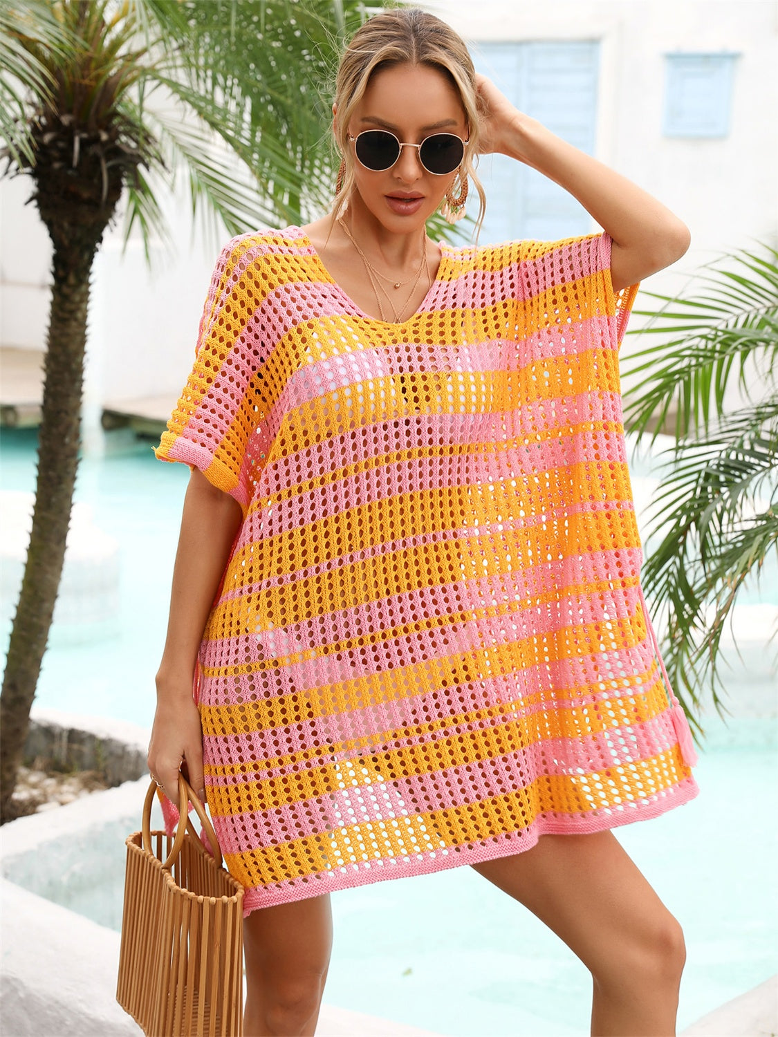 Tassel Openwork Striped V-Neck Cover Up - Siennasass