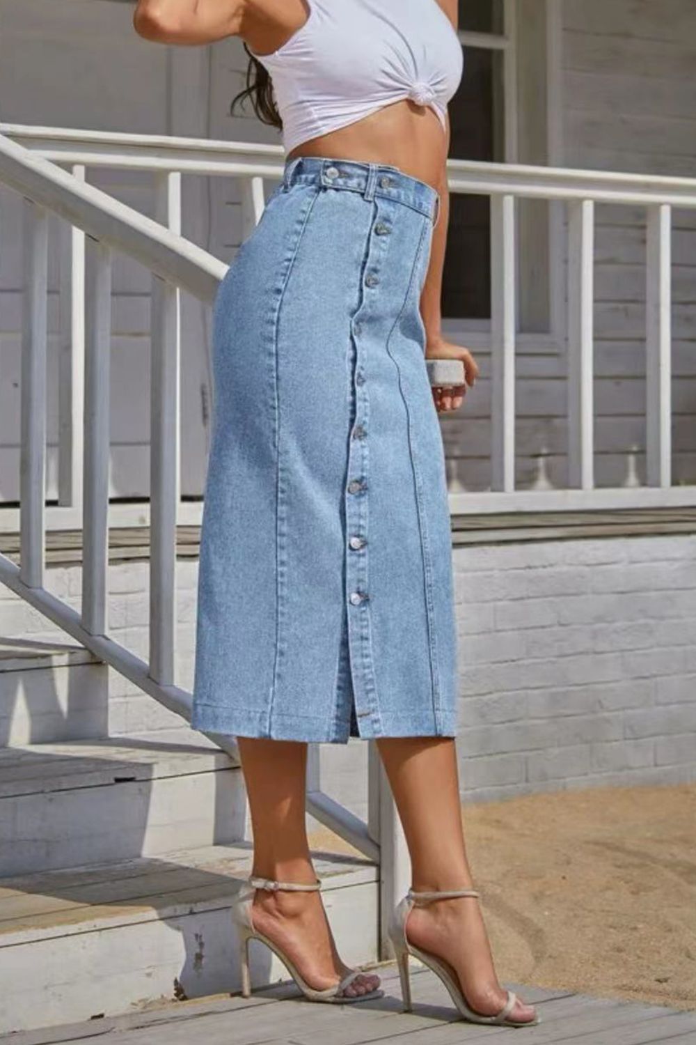 Buttoned Split Denim Skirt - Siennasass