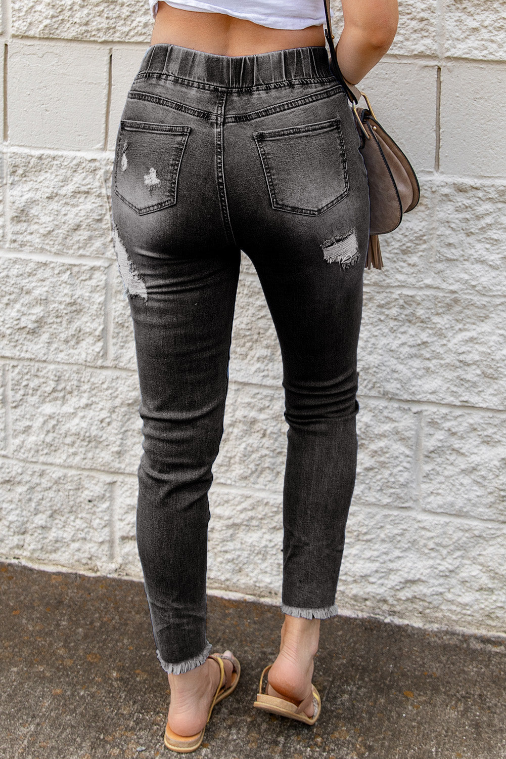 Drawstring Distressed Raw Hem Jeans with Pockets - Siennasass