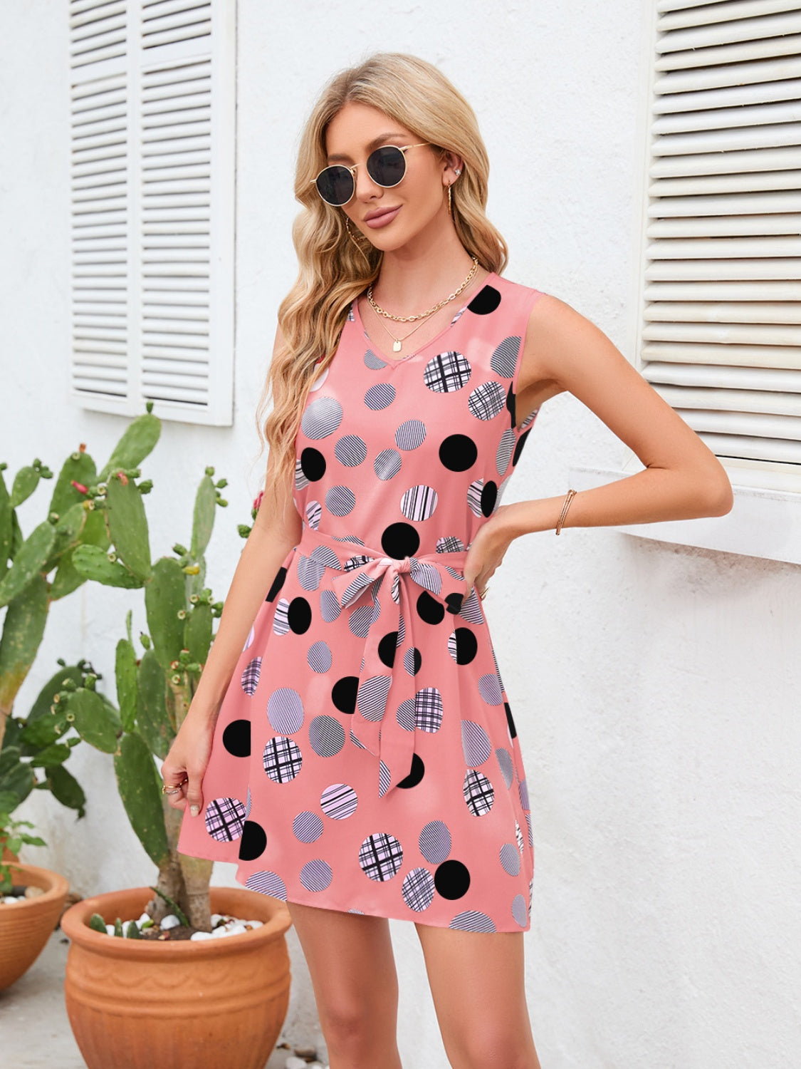 Tied Polka Dot V-Neck Dress - Siennasass