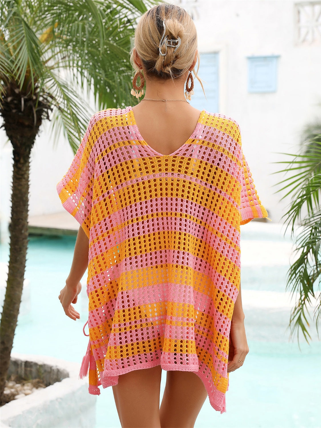 Tassel Openwork Striped V-Neck Cover Up - Siennasass