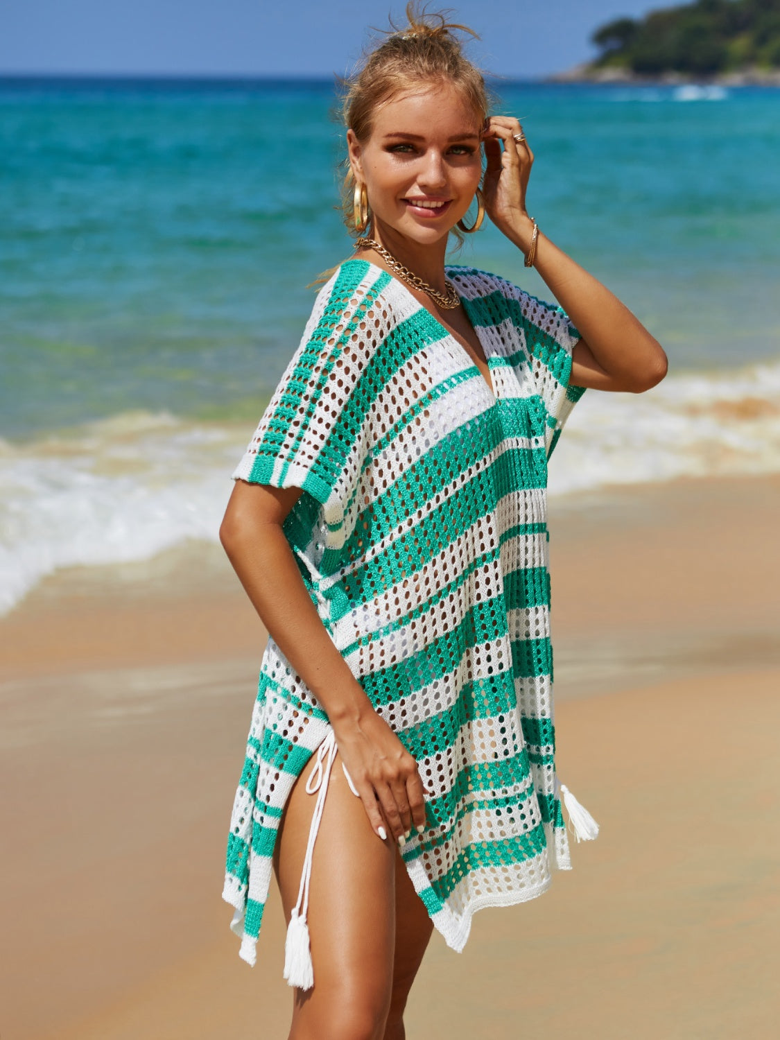 Tassel Openwork Striped V-Neck Cover Up - Siennasass