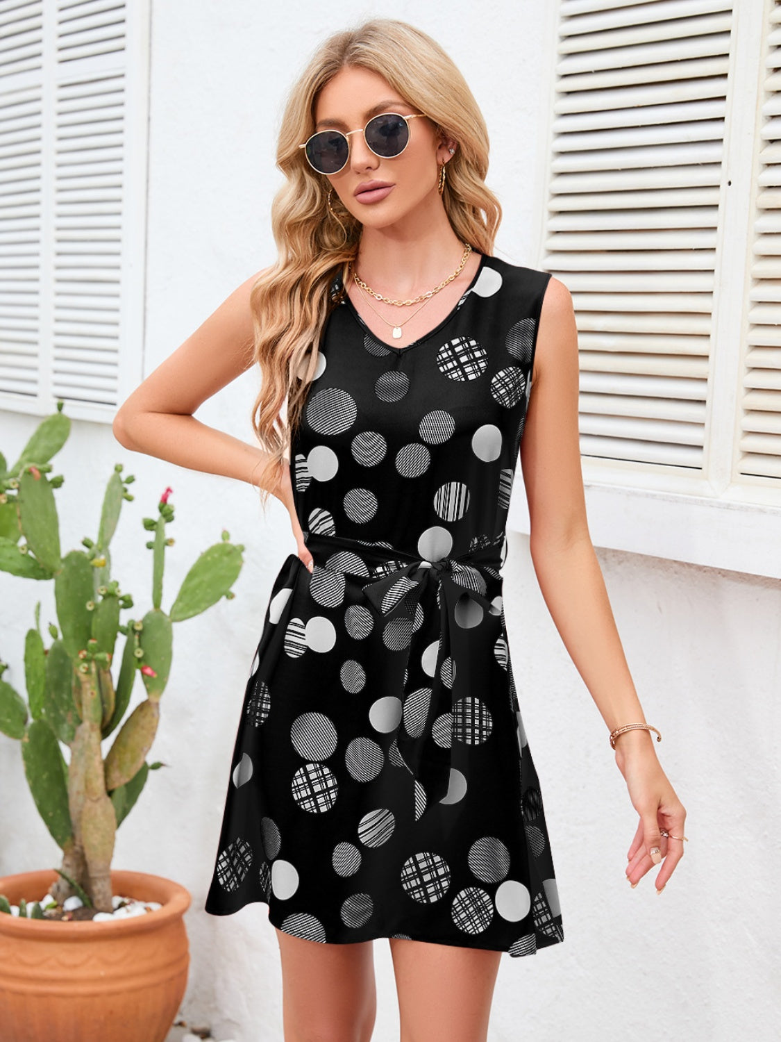 Tied Polka Dot V-Neck Dress - Siennasass