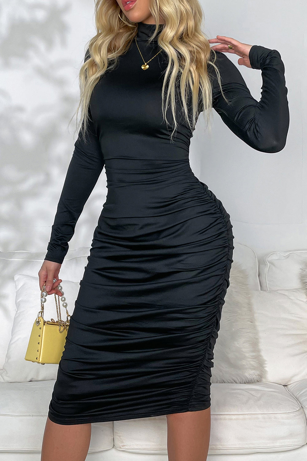 Ruched Mock Neck Long Sleeve Dress - Siennasass