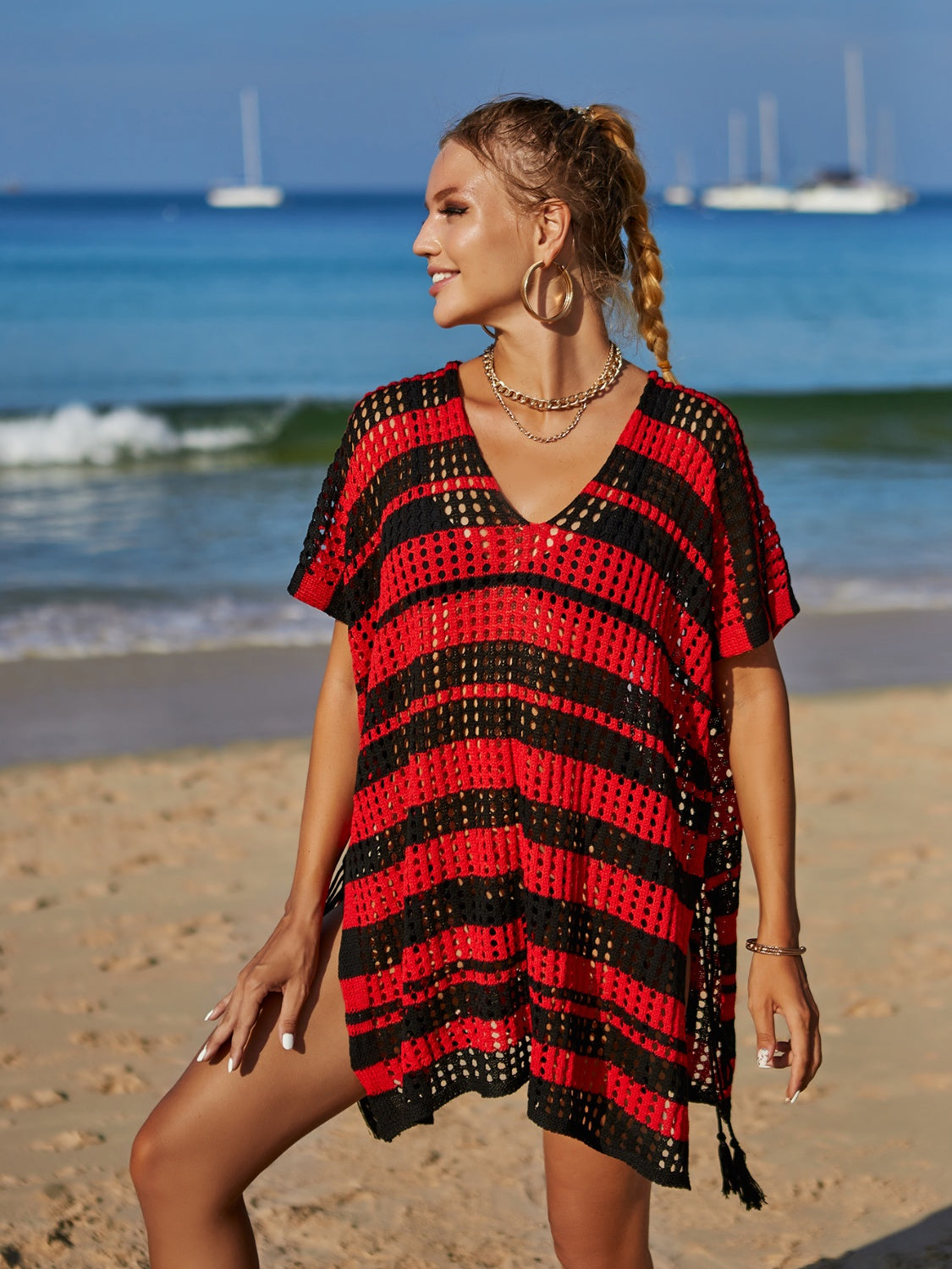 Tassel Openwork Striped V-Neck Cover Up - Siennasass