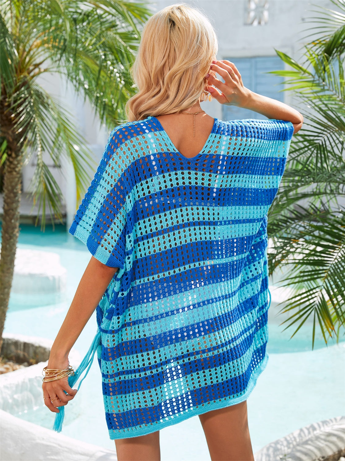 Tassel Openwork Striped V-Neck Cover Up - Siennasass
