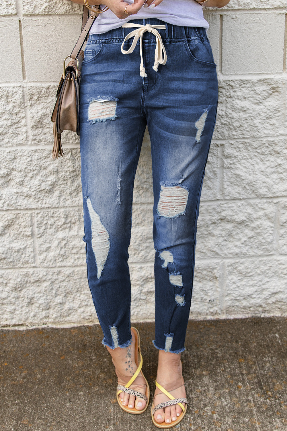 Drawstring Distressed Raw Hem Jeans with Pockets - Siennasass