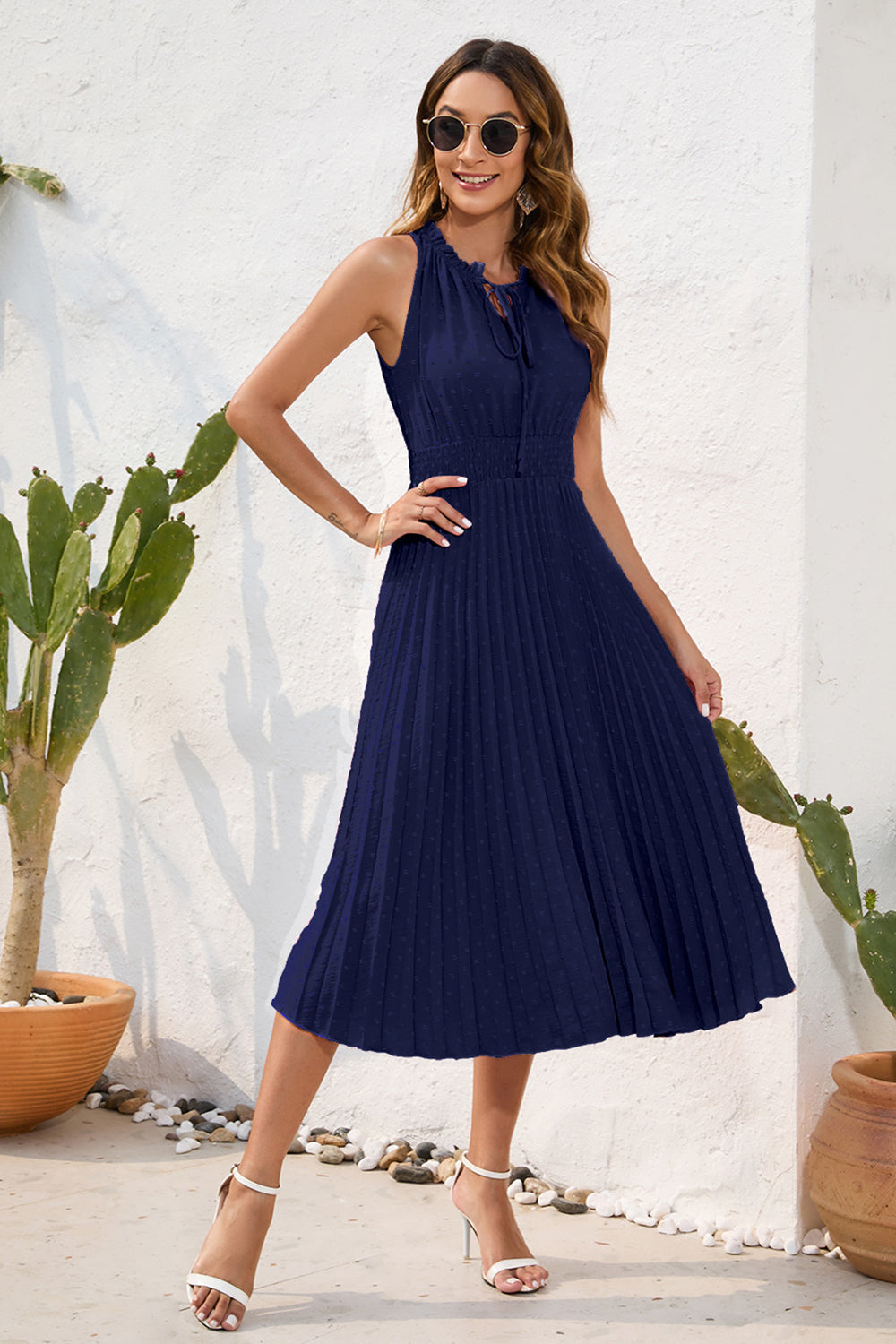 Swiss Dot Tie Neck Sleeveless Dress - Siennasass