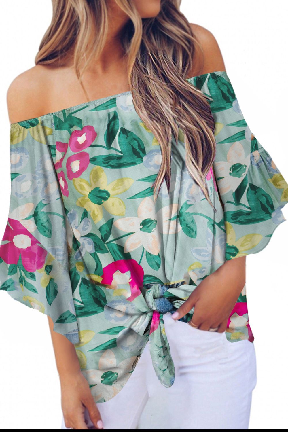 Tied Printed Off-Shoulder Half Sleeve Blouse - Siennasass